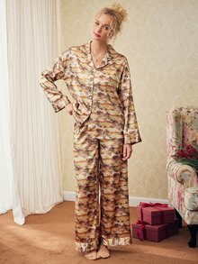 Elorette 2pcs Brown Satin Oil Painting Full Print Vintage Romantic Pastoral Women's Pajama Set - Beige - View 3
