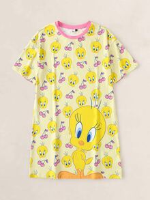 LOONEY TUNES X SHEIN Váy ngủ nữ cổ tròn in họa tiết hoạt hình dễ thương - Màu vàng - Xem 1