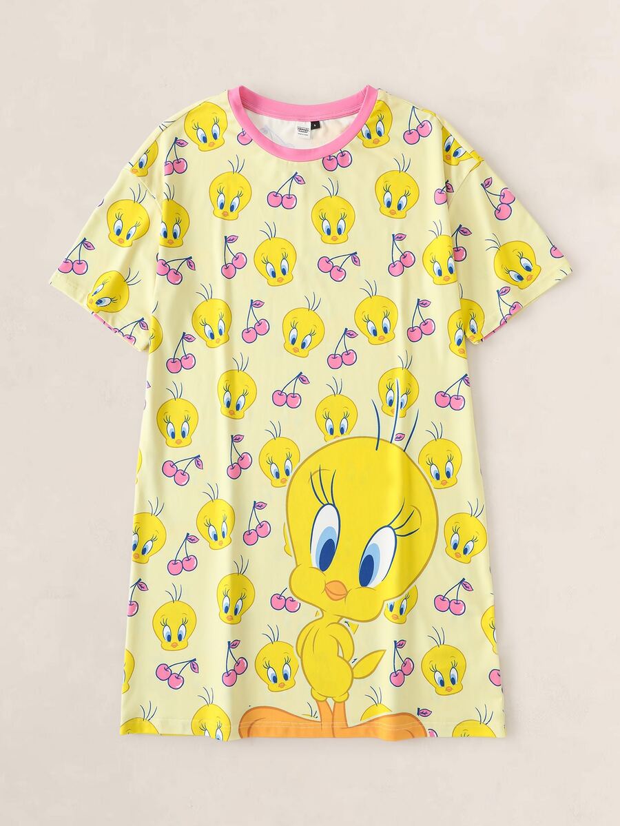 LOONEY TUNES X SHEIN Váy ngủ nữ cổ tròn in họa tiết hoạt hình dễ thương - Màu vàng - Xem 1