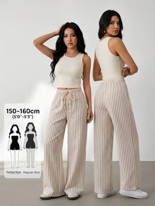 SHEIN PETITE 女款休閒寬鬆藍白條紋寬腿褲，小個女生適用，沙灘秋季穿搭 - 淡黃色 - 查看 2