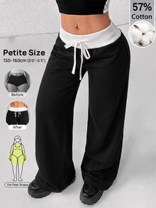 SHEIN PETITE PETITE 休閒運動風百搭通勤對比腰帶長褲 居家休閒 白色 夏季 畢業季 開學季 外出健身 - 黑與白 - 查看 6