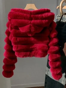 SHEIN EZwear 女款時尚純色毛絨連帽短版夾克，秋冬夜生活穿搭，米白色休閒優雅 - 酒紅色 - 查看 2