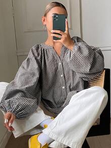 DAZY 女款對比格紋寬鬆套頭長袖休閒度假風春秋襯衫 - 黑色 - 查看 1