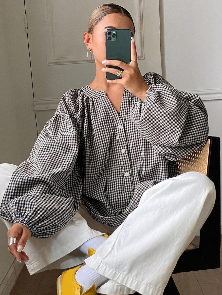 DAZY 女款對比格紋寬鬆套頭長袖休閒度假風春秋襯衫 - 黑色 - 查看 1
