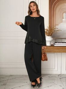 EMERY ROSE Women's Solid Color Round Neck Long Sleeve Sequin Patchwork Blouse And Wide Leg Pants Elegant 2 Pieces Set - Black - View 7