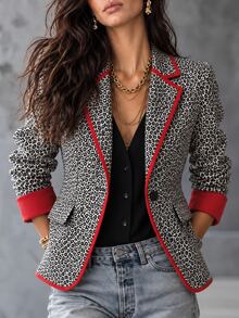 LUMIGAL Vintage Leopard Animal Print Contrast Trim Commuter Fashion Versatile Elegant Women's Blazer Jacket - Multicolor - View 3