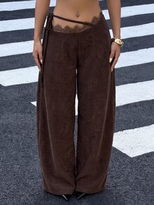 SHEIN EZwear 女款蕾絲拼接休閒日常穿著長褲 - 棕色 - 查看 3