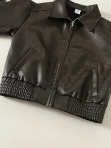 SHEIN Jaket Anak Laki-Laki/Remaja dengan Kerah PU Longgar dan Saku Tempel, Cocok untuk Hari Karier Musim Dingin dan Kembali ke Sekolah. - Coklat - View 7