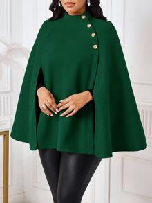SHEIN Lady 女款休閒寬鬆披風式羊毛混紡大衣，極簡商務風秋冬女款紅色披肩優雅外套 - 墨綠色 - 查看 6