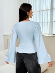 SHEIN Tall 女款休閒百搭純色喇叭袖上衣 - 淺藍色 - 查看 8