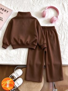 SHEIN 女童 2 件套休閒時尚春夏秋冬女孩立領運動衫與寬腿運動褲套裝，甜酷豹紋圖案，豹紋蝴蝶結印花設計，外出穿搭，柔軟面料，時尚寬腿褲風格，春夏秋冬女孩服裝套裝，女孩寬腿褲套裝 - 黑色 - 查看 2