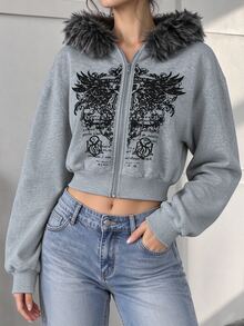 SHEIN EZwear Women's Streetwear Cropped Faux Fur Patchwork Hooded Sweatshirt - Light Grey - View 6