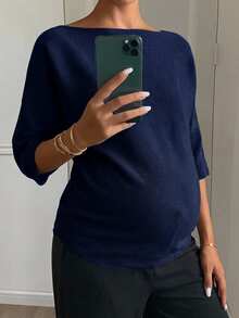 Dazy Maternity Loose Solid Color Casual Short Sleeve Daily Wear Early Autumn Maternity Sweater - Royal Blue - View 6