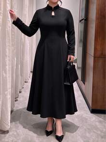 Modelyn Plus Size Black Long Sleeve A-Line Muslim Elegant Dress With Stand Collar, Frog Buttons And Water Drop Neckline - Black - View 6