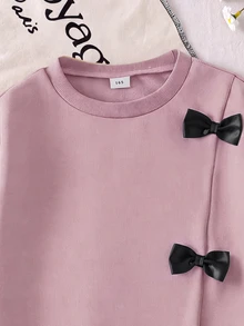SHEIN 女童韓系活力風棕色運動衫與蝴蝶結修身長褲2件套，休閒長袖套裝，適合春秋冬季，保暖內裡加厚 - 粉色 - 查看 6