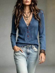 NostaNoir Women's Minimalist Long Sleeve Button Casual T-Shirt - Blue - View 5