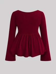 Sweetra Plus Size Women's Solid Color Pleated Casual Daily Long Sleeve T-Shirt Fall - Multicolor - View 4