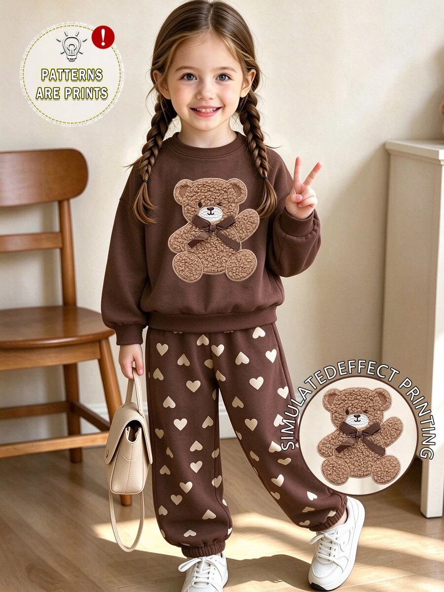 Toddler Girls 2 Pcs Brown Cartoon Bear Heart Print Crew Neck Pullover Sweatshirt & Sweatpants Set, Brown Top, Winter Outfits - Multicolor - View 1
