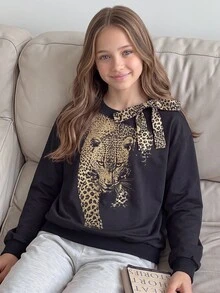 SHEIN Tween女孩連帽抽繩黑白波點字母印花前開襟拉鍊運動衫 - 黑色 - 查看 5