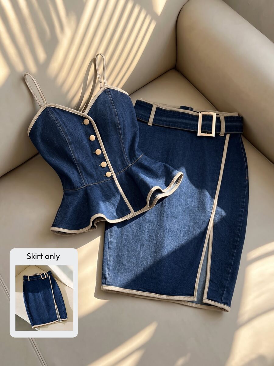 GlowEve Women's Fashion Denim Skirt With Trim And Side Slit Hem - Blue - View 1