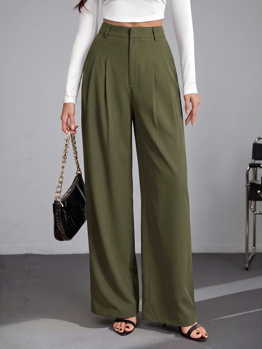 SHEIN Tall 女款黑色高腰寬腿長褲,優雅商務休閒上班西裝褲,高挑百搭純色秋冬老錢風正裝褲 - 軍綠色 - 查看 1