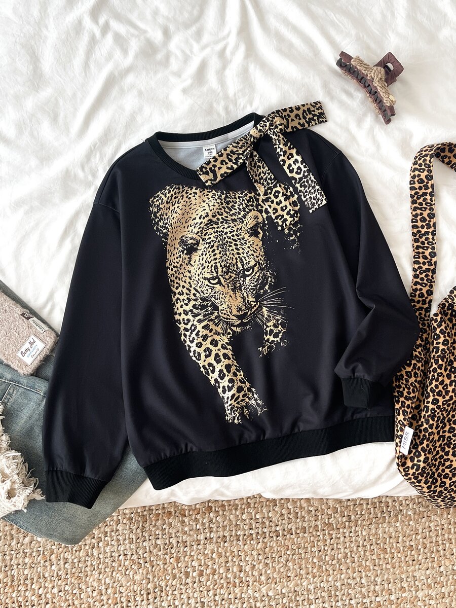 SHEIN Áo nỉ thu cho bé gái tween có mũ, dây rút, họa tiết chấm bi đen trắng và in chữ, khóa kéo phía trước - màu đen - Xem 1