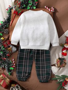 Genkimix Kids 2件套男孩休閒運動學院街頭風，熱轉印印花衛衣+長褲套裝；適合日常穿著、上學、外出、運動場景，春秋款，簡約設計，舒適時尚，是男孩衣櫥的實用時尚選擇。 - 墨綠色 - 查看 2