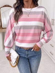 SHEIN Clasi Contrast Striped Print Batwing Lantern Sleeve Tee - Multicolor - View 5