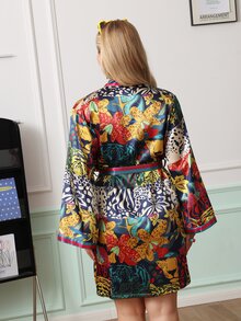 Chillnights Tiger Pattern Contrast Stripe Print Satin Plus Size Robe - Black - View 2
