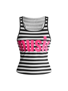 ROMWE Y2K Women's Letter Print Striped Casual Everyday Top - Black and White - View 1