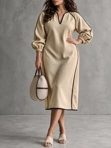Linhara CURVE Plus Size Oatmeal Color Contrast Trim V-Neck Linen-Like Midi Dress, Raglan Puff Cuffed Long Sleeves, Crisp Black Contrast Stitching Outlining Silhouette, Solid Color Minimalist Elegant Style, Suitable For Spring Summer Autumn Commute, Short Trip Vacation, Light Business Gathering, Flattering Slimming Dress For Curvy Women - Khaki - View 4