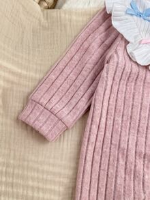 SHEIN 新生兒可愛針織拼色蝴蝶結荷葉邊長袖連身衣家居服 - 粉色 - 查看 7