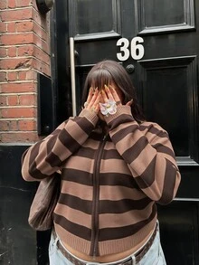 Solavibe 大尺碼淺粉色拉鍊連帽針織開襟衫，校園日常穿搭，秋季返校正式約會外出穿著，Y2K 90年代 1960年代冬季款 - 棕色 - 查看 10