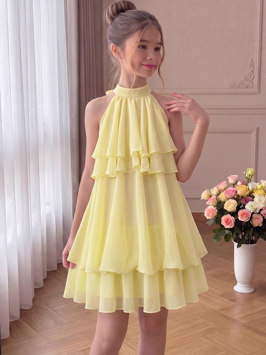 Tween Girl Solid Color Pleated Fashion Party Summer Halter Neck Dress - Yellow - View 1
