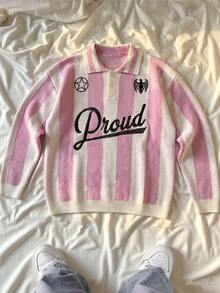 NEOSTRIT Men's Letter Stripe Long Sleeve Casual Loose Fit Sweater - Pink - View 3
