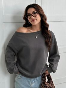 SHEIN EZwear 女款寬鬆斜肩保暖內裡運動衫，黑色，秋冬外出週日海灘休閒穿搭 - 深灰色 - 查看 6