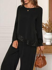 EMERY ROSE Women's Solid Color Round Neck Long Sleeve Sequin Patchwork Blouse And Wide Leg Pants Elegant 2 Pieces Set - Black - View 6