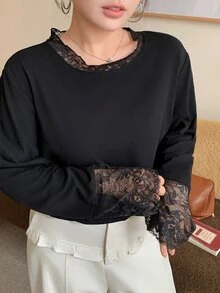 Dazy Plus Plus Size Lace Patchwork Versatile T-Shirt For Streetwear And Casual Outings - Black - View 5