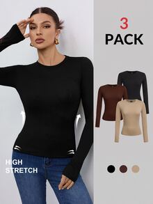 SHEIN Tall 女款三件組圓領休閒修身長袖T恤套裝 春秋冬 高個子返校穿搭 黑灰白 - 彩色 - 查看 3