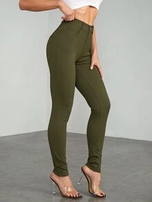 SHEIN Tall 休閒百搭純色修身長褲，適合高個女性 - 軍綠色 - 查看 5