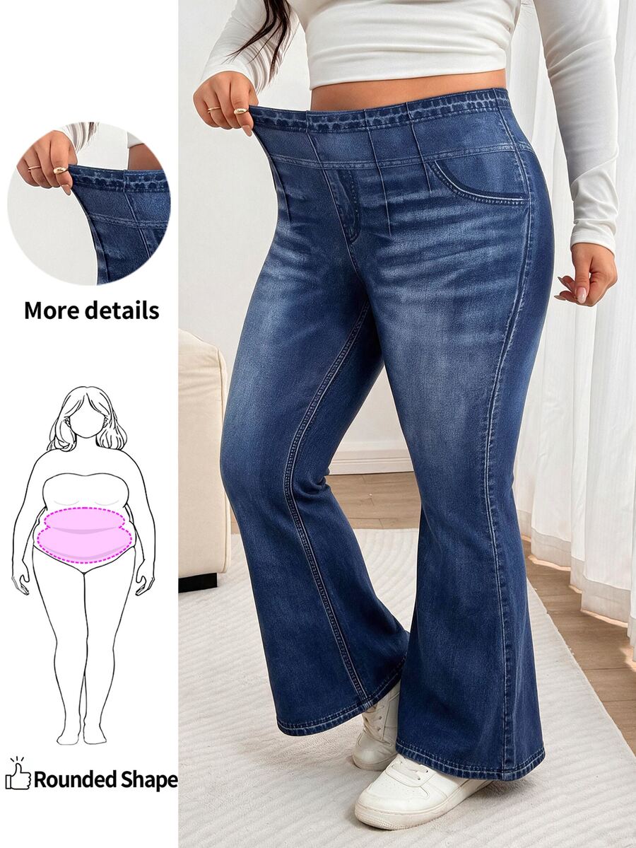 Enliva Plus-Size Printed Stretch Flared Trousers, High-Waisted Slim-Fit Casual Pants Apple,Rounded Body - Blue - View 1