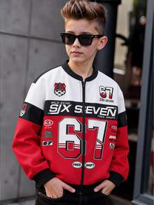 SHEIN Tween Boy Autumn/Winter Letter Print Long Sleeve Zip-Up Jacket - Red - View 5
