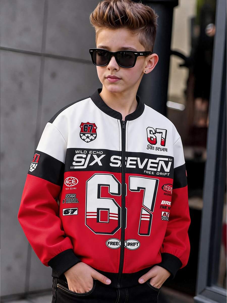 SHEIN Tween Boy Autumn/Winter Letter Print Long Sleeve Zip-Up Jacket - Red - View 1