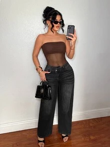SHEIN SXY 性感夜店外訪網格拼接黑色連身褲 夏季 - 棕色 - 查看 5