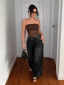 SHEIN SXY 性感夜店外訪網格拼接黑色連身褲 夏季 - 棕色 - 查看 6