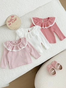 SHEIN 3件組女嬰幼兒女童長袖圓領上衣，可愛甜美粉白配色，蕾絲荷葉邊條紋羅紋設計，休閒派對秋季假期款 - 彩色 - 查看 5
