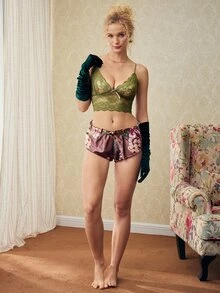 Elorette 女款甜美蕾絲細肩帶背心與蝴蝶結裝飾三角內褲內衣套裝 - 彩色 - 查看 2