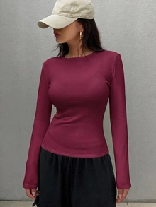 DAZY 女款純色極簡圓領長袖保暖T恤 - 酒紅色 - 查看 10