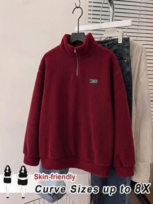 SHEIN CURVE+ 巧克力棕大尺碼女款字母印花羊羔絨衛衣，秋冬款 - 酒紅色 - 查看 5