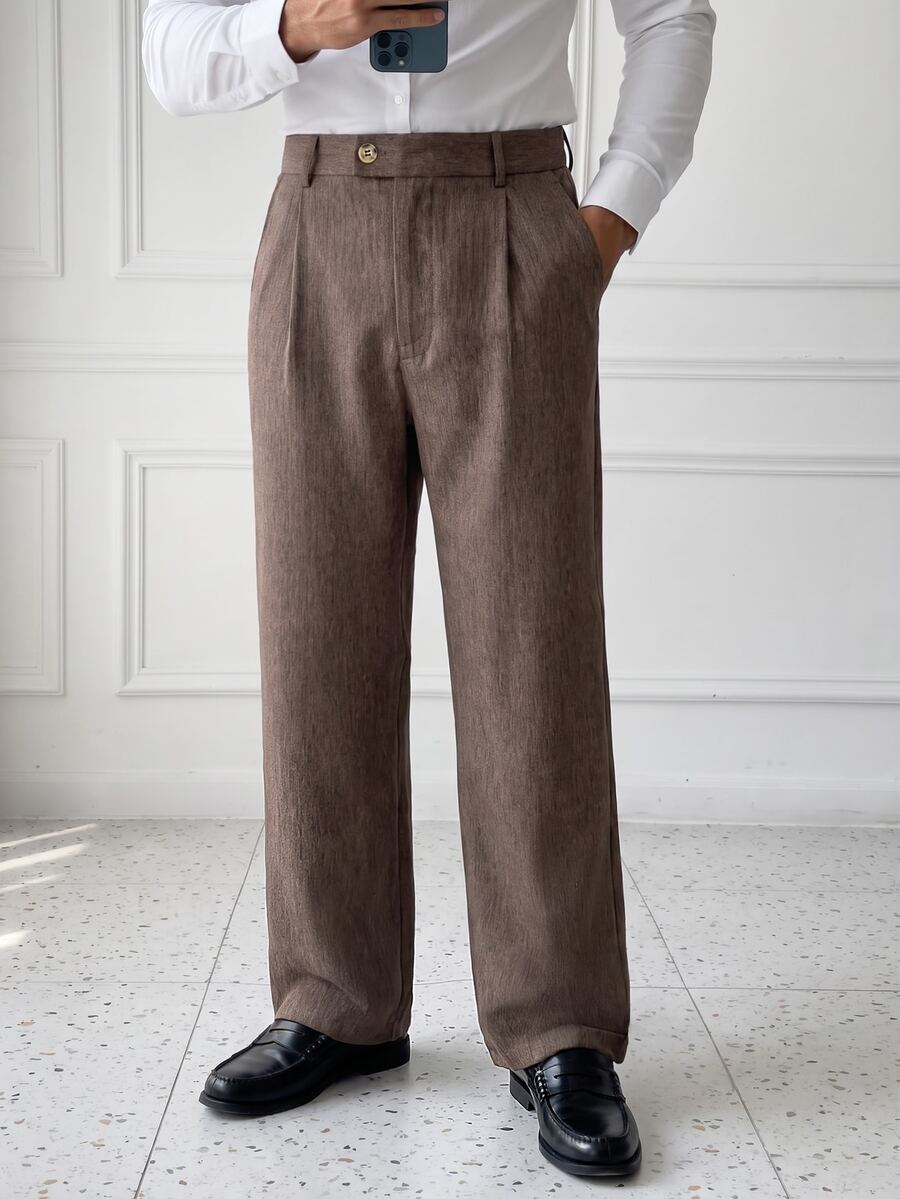 HUEFORM Men's Vintage Brown High-Waist Pleated Relaxed Fit Wide Leg, Casual Versatile Long Pants For Autumn/Winter,Suitable For Daily Commuting And Business - Chocolate Brown - View 1